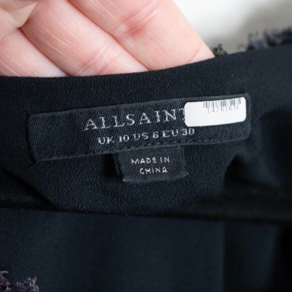 AllSaints Via Harris Mini Dress Black Floral Print Smocked Dark Romance SZ 6 - Picture 7 of 8